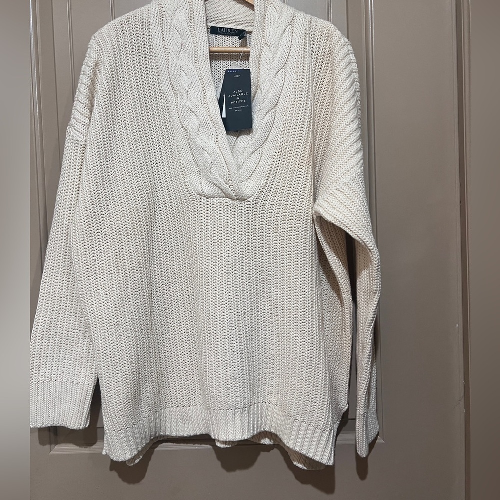 NWT Lauren Ralph Lauren White Cable Knit Neck Sweater XL